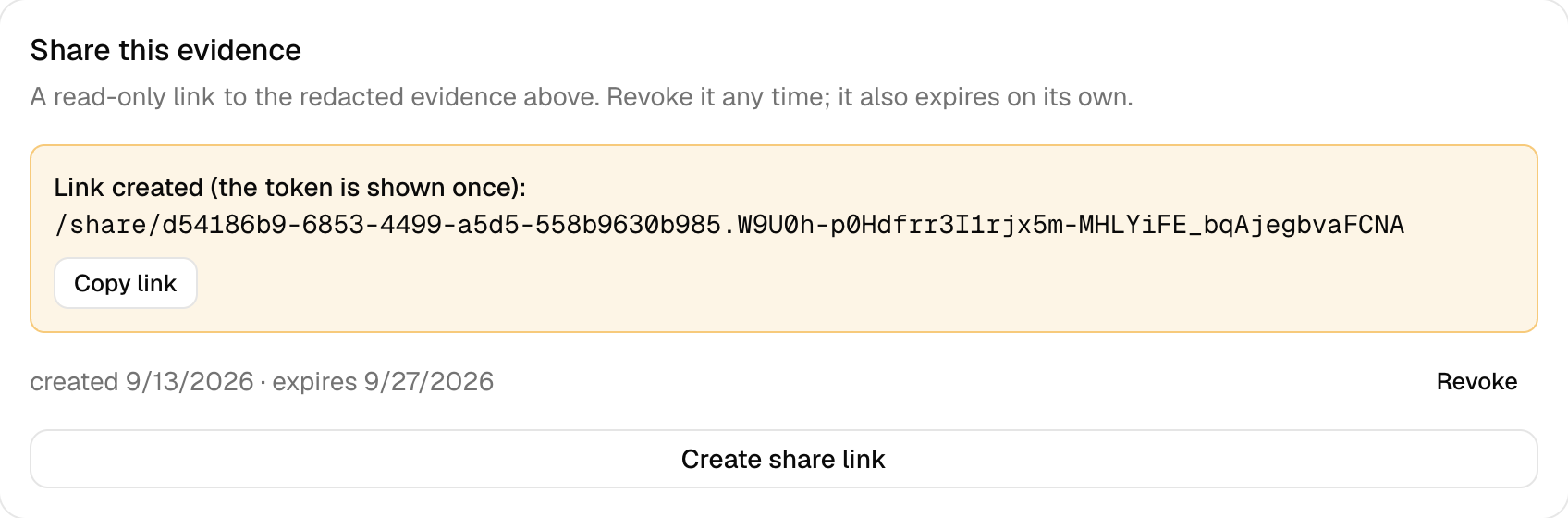 The Share this evidence panel with a newly created link and a Copy link button