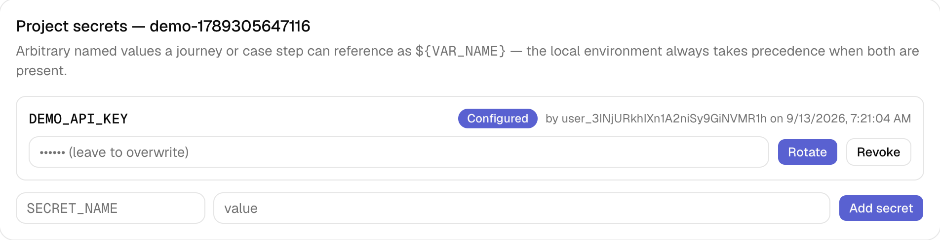 The project secrets panel: DEMO_API_KEY marked Configured, with Rotate and Revoke controls