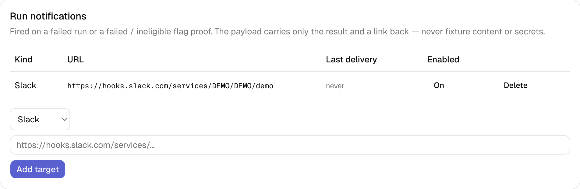 The run notifications panel: a configured Slack webhook target, enabled, with an Add target form